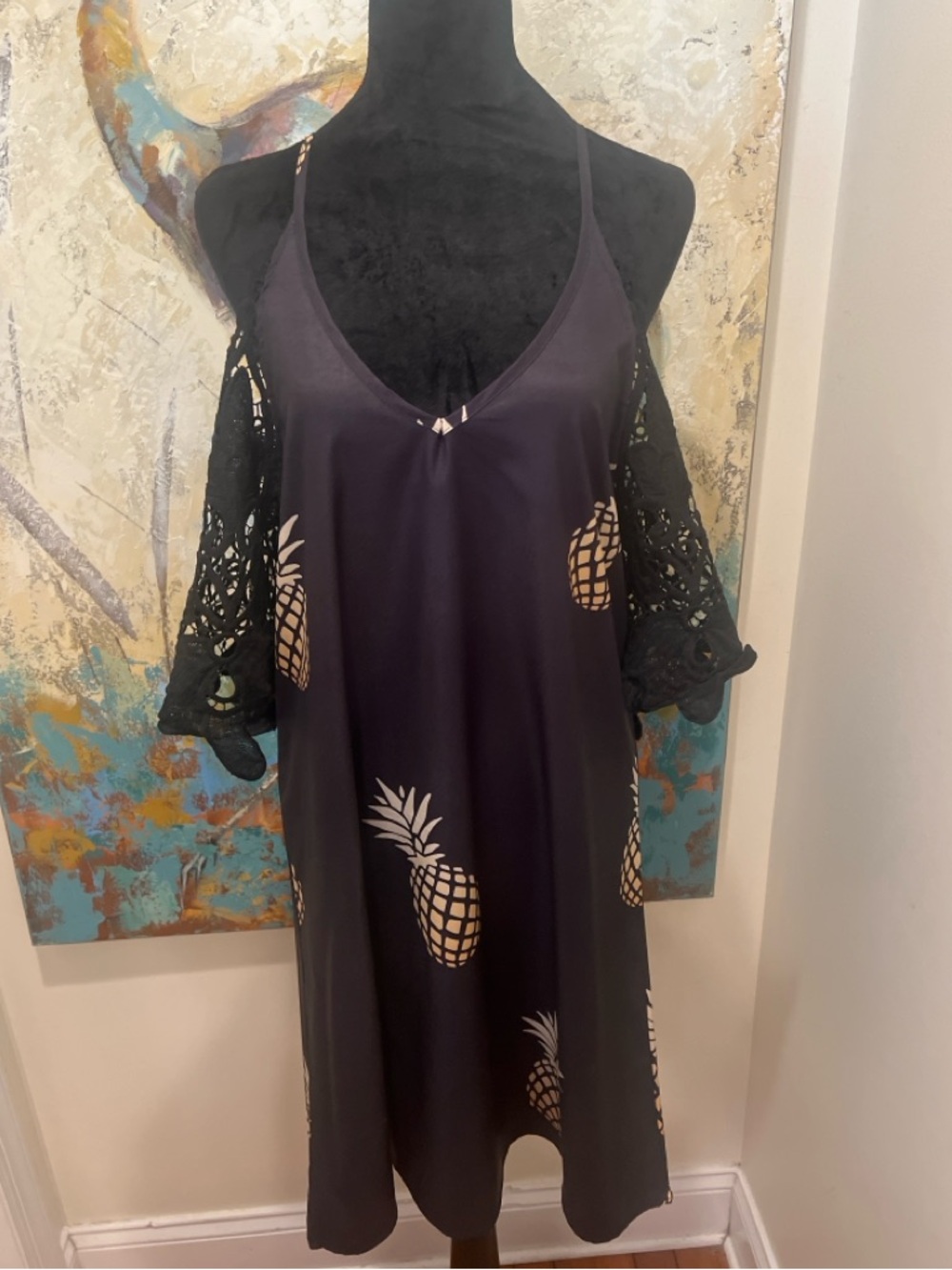 Black Pineapple Print Dress Adjustable Straps Lace Sleeve
Medium Boho - Picture 4 of 15